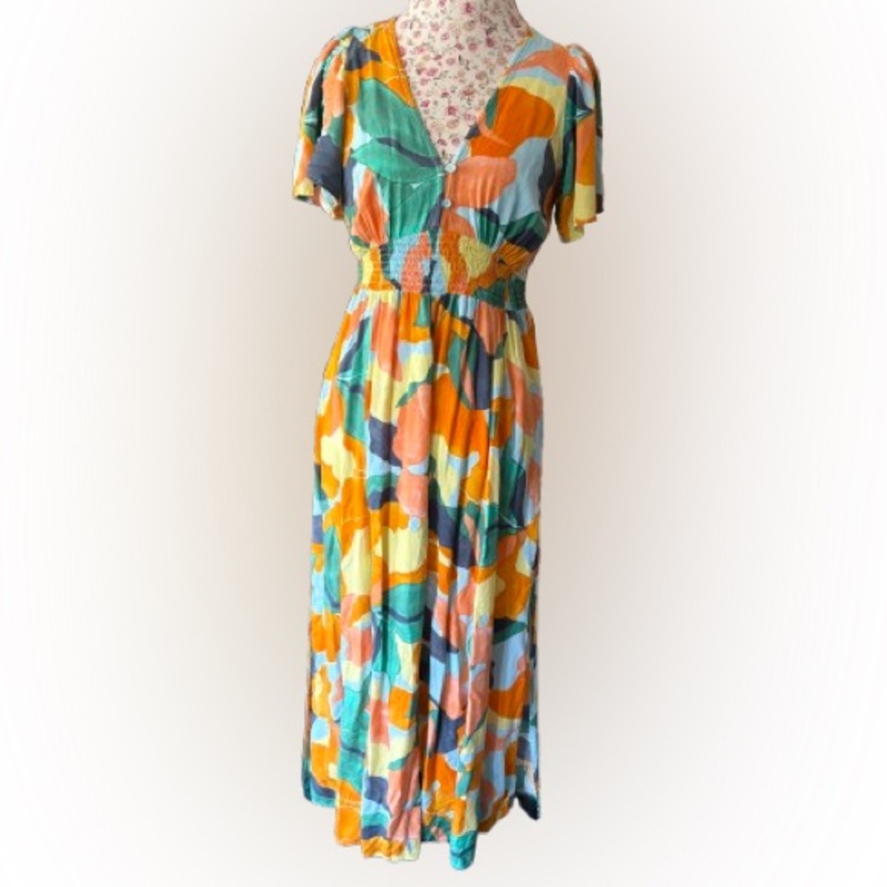 Abel the Label "Hilda" Anthropologie Abstract Floral Smocked Maxi Dress
